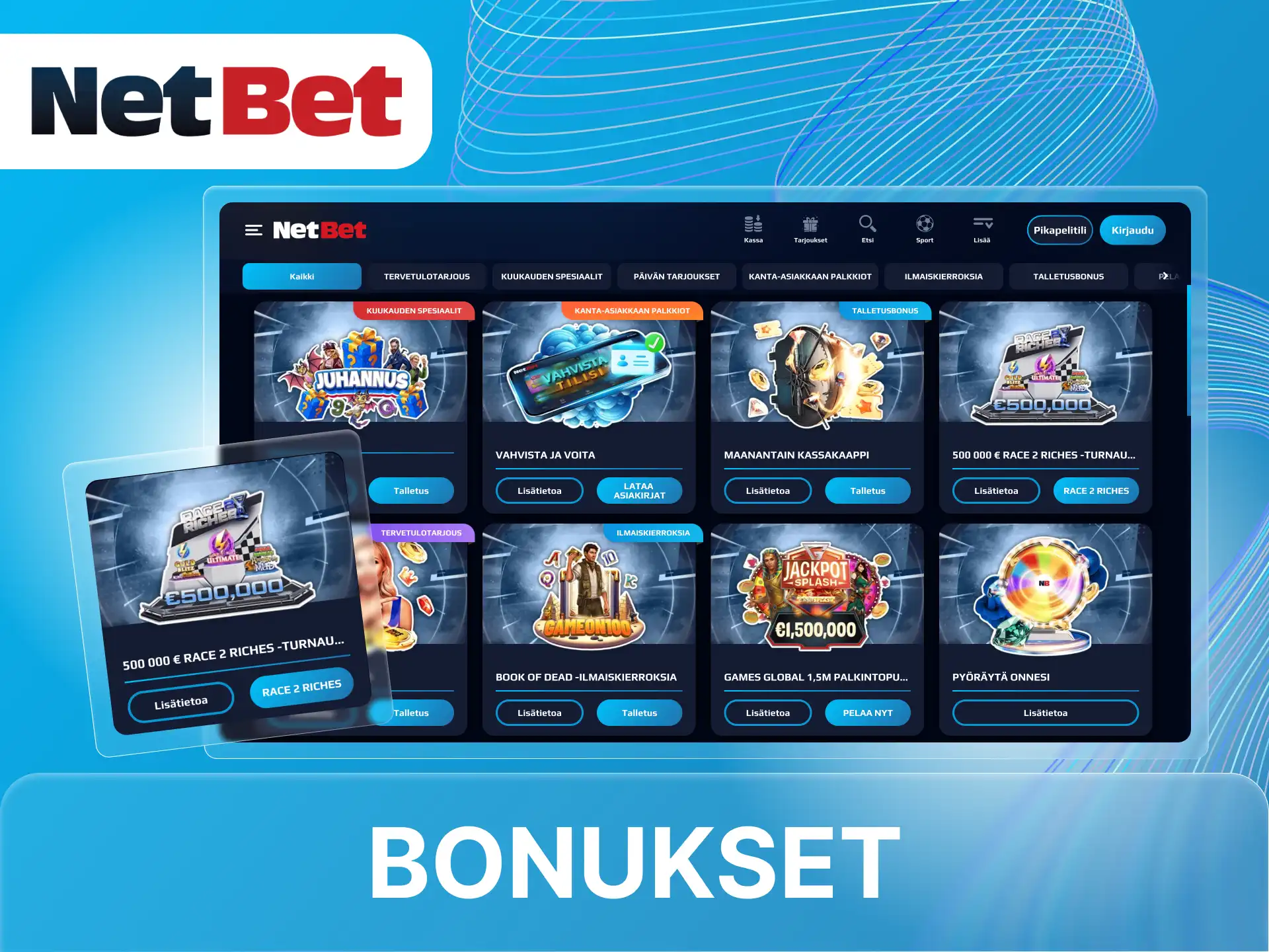 NetBet-nettikasino tarjoaa pelaajilleen laajan valikoiman bonuksia.