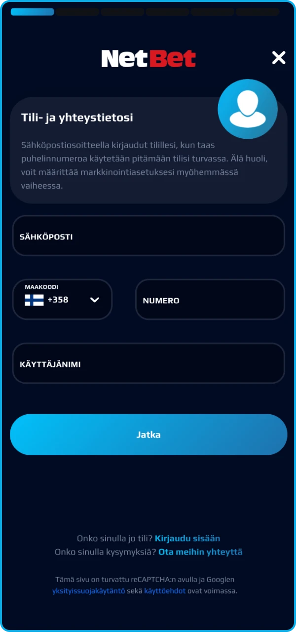 Kun luot uuden tilin NetBet-nettikasinolle, täytä kaikki henkilökohtaiset tietosi.