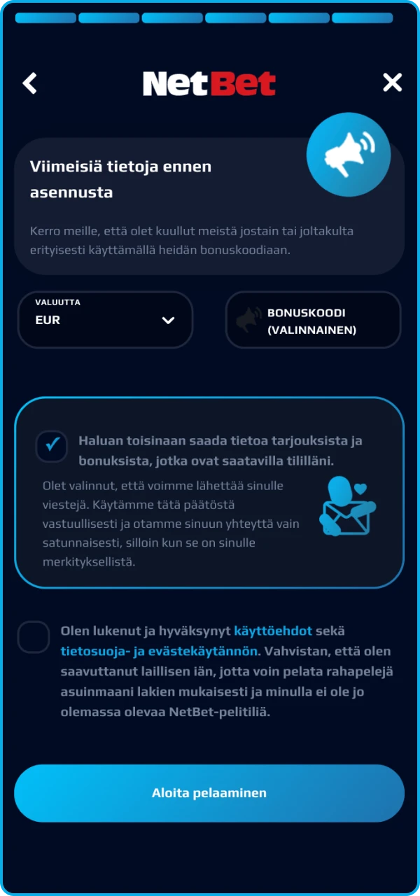 Rekisteröitymisen loppuun saattamiseksi sinun on hyväksyttävä NetBet-nettikasinon säännöt.