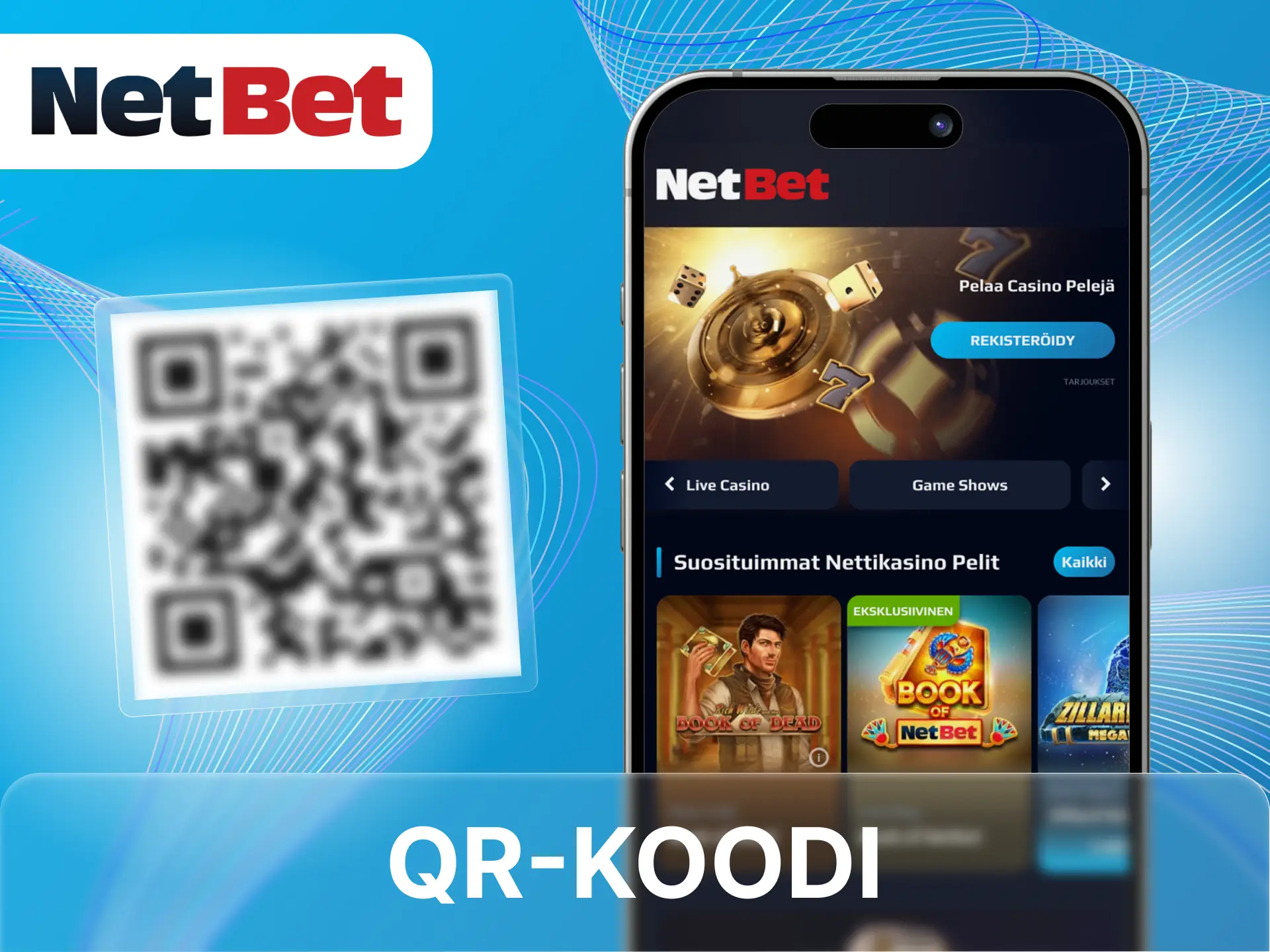 Skannaa kr-koodi NetBet-nettikasinon virallisella verkkosivustolla ladataksesi sovelluksen puhelimeesi.