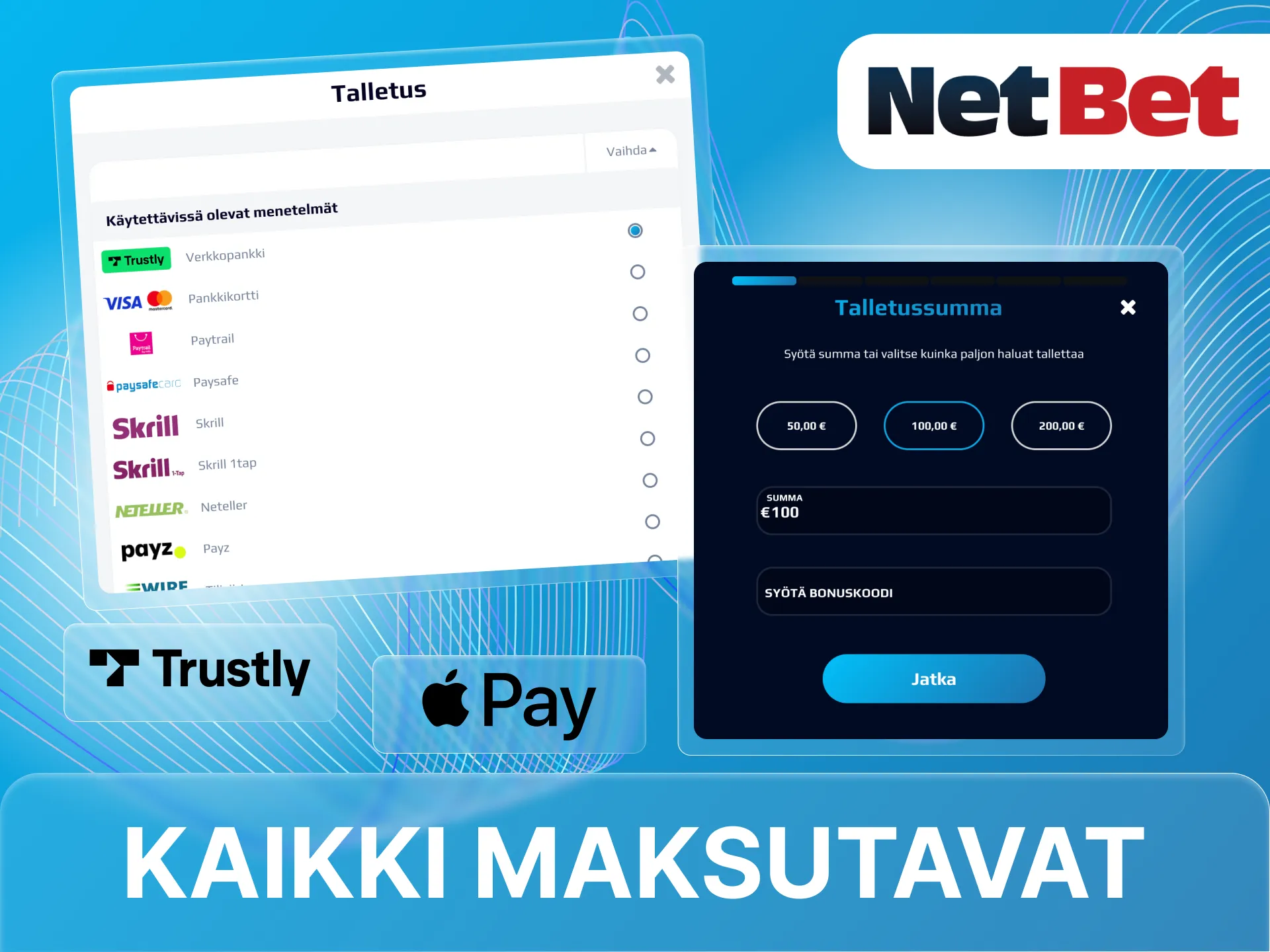 NetBet-nettikasino tarjoaa laajan valikoiman talletusvaihtoehtoja.