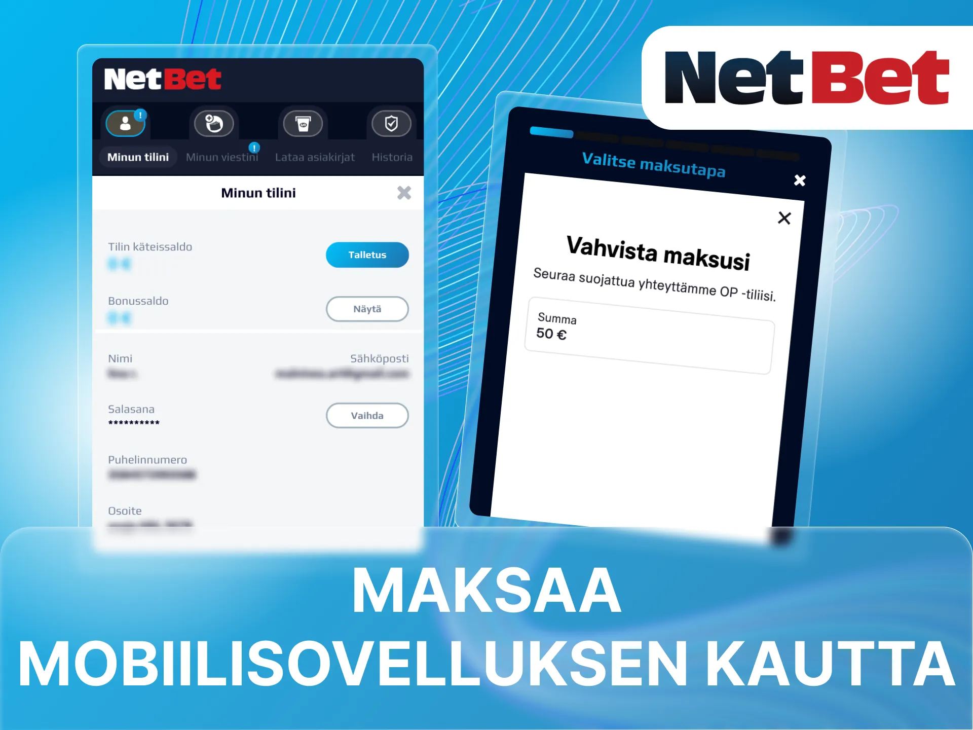Ohjeet talletuksen tekemiseen nettikasinon NetBetin mobiilisovelluksessa.