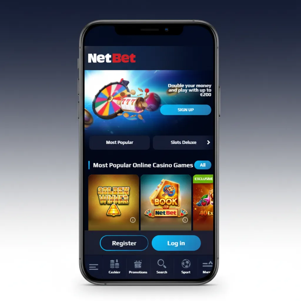 NetBetin käyttöliittymä: päävalikko vedonlyöntiin, kasinoon ja livepeleihin; kuponki, suosikit, haku yhdellä napautuksella