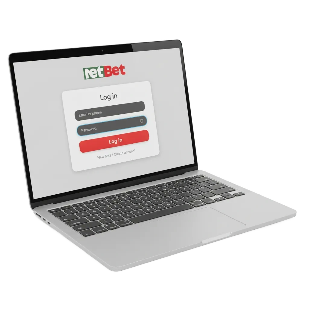 NetBetin kirjautumissivu: sähköposti ja salasana, 2FA-tuki. Pääsy vedonlyöntiin, kasinoon, bonuksiin ja maksuihin.