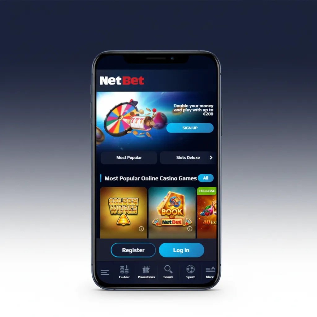 NetBet PWA:n käyttöliittymä: alavalikko (vedonlyönti, kasino, tarjoukset) haku, alas avautuva kuitti ja talletuspainike näkyy